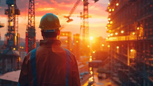 Civil architect engineer inspecting a blueprint at a construction site, surrounded by scaffolding and cranes, ensuring the structural integrity of the building. VDO 4k ProRes