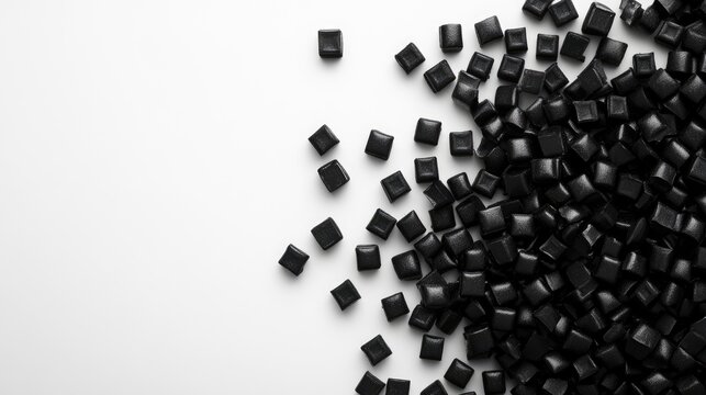 Black polymer pellets scattered on a clean white background for industrial or manufacturing applications in plastics and materials science