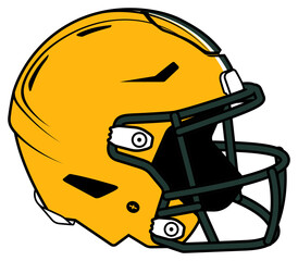 Yellow American Football helmet with white and green stripe and green facemask