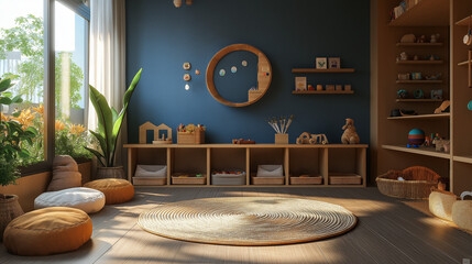 bright, cozy room with wooden shelves, a round rug, and a dark blue wall