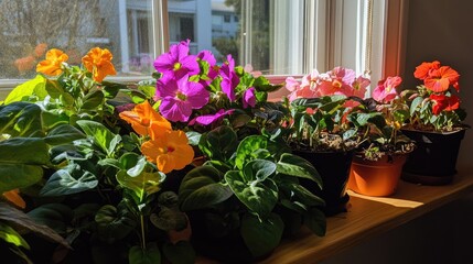 Fototapeta premium Vibrant impatiens flowers thriving indoors near a sunlit window showcasing home gardening beauty