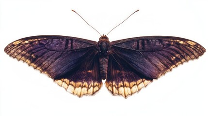Fototapeta premium Purple butterfly lower wing view detailed with contrasting white backdrop showcasing intricate patterns and natural beauty.