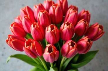Obraz premium A vibrant bunch of red tulips in a vase with green leaves
