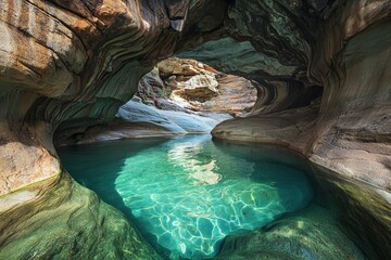 An underground cave with clear blue water and a small pool surrounded by rock formations,
