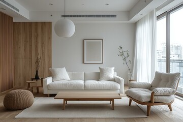 A living room photo of a combination of Scandinavian interiors and japandi interiors with minimalists, armchairs and sofas, and wood finishing parts of the walls. Generative AI
