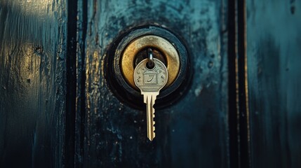Close-up of a key in an old door lock.