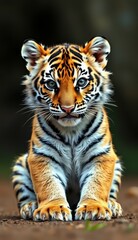Fototapeta premium Young tiger sits confidently in the forest with captivating eyes and vibrant fur patterns