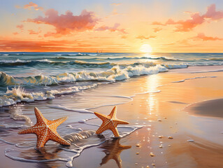 Exceptional Close-up of starfishes on shore during sunset