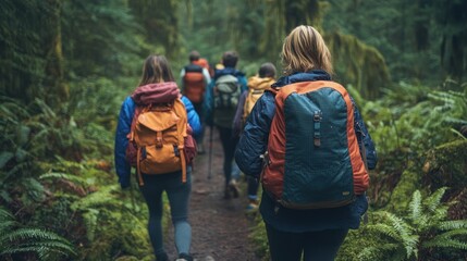 Hikers with backpacks on a trail through a lush green forest.