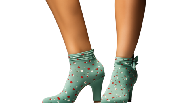 Close-up of a womans legs in high heels and playful festive socks, showcasing unique style, isolated on transparent background.