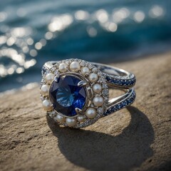 Create a ring inspired by the ocean, using blue sapphires and pearls.