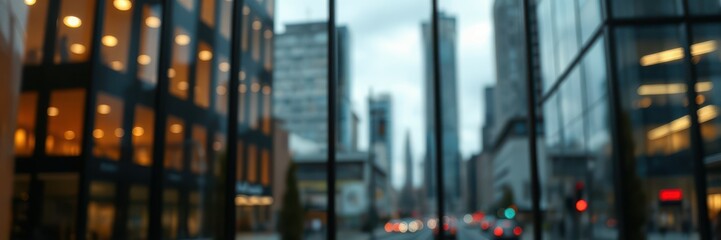 City skyline under overcast skies with blurred buildings and urban life in motion