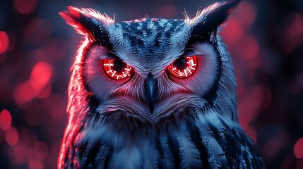 A polygonal owl head with geometric precision incorporating cybernetic features and illuminated patterns symbolizing AI