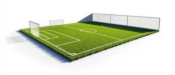 Isolated 3D render of a small soccer field with goals and fence.