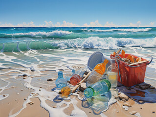 Outstanding Four different scene of tropical beach with sea creater cartoon style