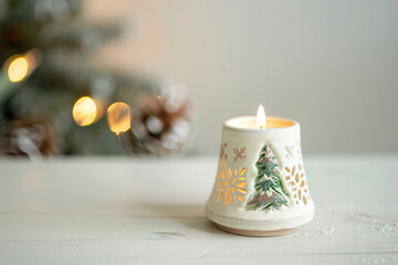 Scandinavian Christmas Aesthetic: White Wooden Background with Nordic Patterns, Natural Pine Cones, Andy Space for Text – Ideal for Holiday Promotions