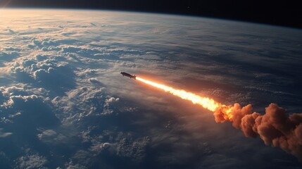 Obraz premium A rocket launching into space, leaving a trail of flames above Earth's atmosphere.