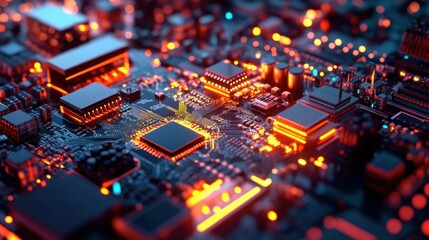 Obraz premium Abstract Close-Up View of a Futuristic Circuit Board with Lights