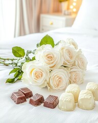 Romantic getaway with rose and chocolate concept. Bunch of white roses with assorted chocolates on a soft surface