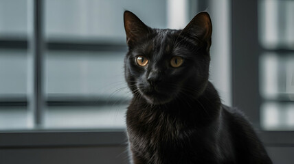Black Cat sitting and looking at the camera, isolated on gray background,