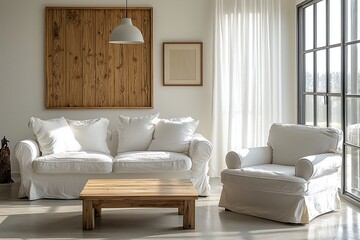Fototapeta premium Minimalist, a living room photo of a Scandinavian interior and japandi interior combination with wood finishing parts of the wall, sofa and table, and pendant lighting. Generative AI 
