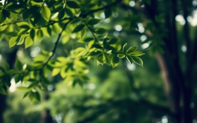 Fresh green leaves glistening under sunlight in a serene forest environment