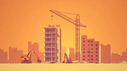 Obraz premium Urban construction site at sunset with crane, excavators, and buildings under construction.