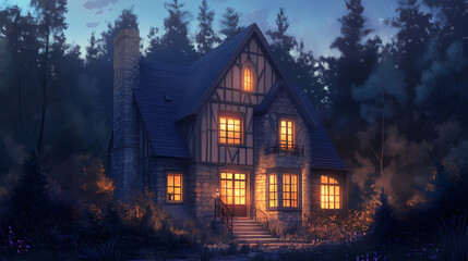 Modern two-story home with stone exterior. Twilight. Illustration