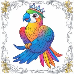 Fototapeta premium Colorful cartoon parrot with crown whimsical art style vibrant design fun environment playful concept for kids