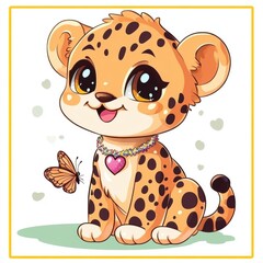 Cute cartoon leopard with butterfly illustrative artwork playful environment whimsical viewpoint animal concept