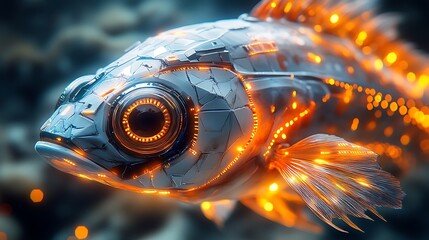 A polygonal fish head designed with robotic features and illuminated cybernetic patterns symbolizing AI