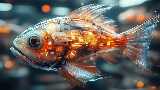 A polygonal fish head designed with robotic features and illuminated cybernetic patterns symbolizing AI