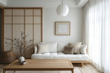 Fototapeta premium Minimalist, a picture of a living room with sofa and table view and a combination of Scandinavian interiors and japandi interiors in a living room with pendant lighting. Generative AI 
