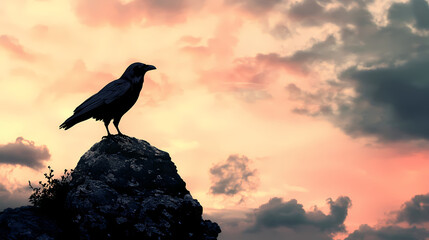 Silhouette of a raven perched atop a rocky outcrop under a twilight sky. Twilight. Illustration