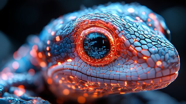 A polygonal lizard face incorporating geometric shapes and glowing AI circuitry symbolizing technological evolution