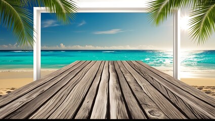 Fototapeta premium Tropical beach scene with a wooden boardwalk leading to a turquoise ocean, framed by lush palm fronds under a bright sun and clear, serene sky.