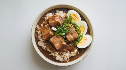 Rice topped with a delicious stewed pork in a white plate