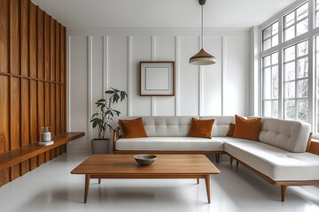 Fototapeta premium A living room photo of a combination of Scandinavian interiors and japandi interiors with minimalist, sofa and table and pendant lights. Generative AI 