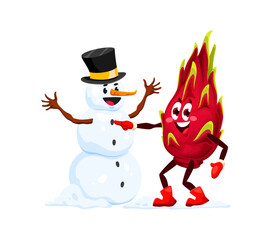 Cartoon Christmas and new year winter tropical dragon fruit character cheerfully building snowman, spreading holiday joy with its festive attire and winter holiday fun. Isolated vector xmas personage