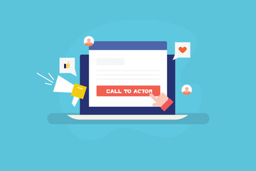 Call to action button, Website button, Visitor clicking on website button, Social media likes, love, checkout, conversion concept. Vector illustration.