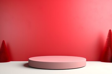 A minimalist display with a pink podium against a vibrant red background and decorative trees.