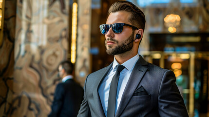 Bodyguard service: private security, professional guards in suits and sunglasses standing in a hotel lobby, handsome man with an earpiece communicating with a work partner, luxury hotel, vigilance.