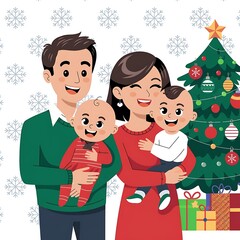 Fototapeta premium Happy family with Christmas tree and presents. Vector illustration in cartoon style.