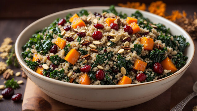 A large bowl of kale, quinoa, sweet potato, cranberries, and nuts.

