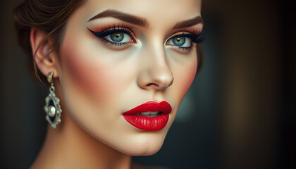 Fototapeta premium Elegant woman with green eyes - Close-up view of a beautiful woman with red lips and stunning makeup