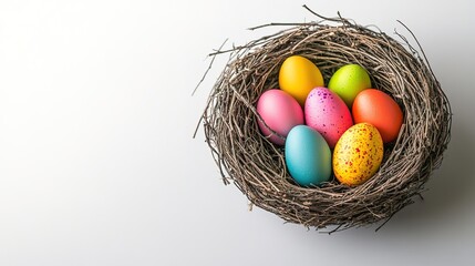 Fototapeta premium small bird nest containing vibrant eggs displayed on smooth white background