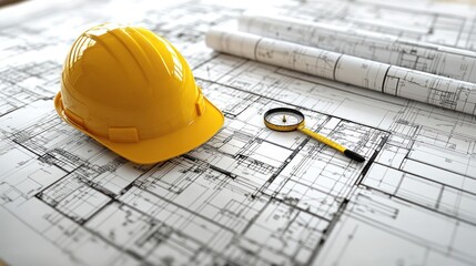 A yellow hard hat and magnifying glass on architectural blueprints, emphasizing construction planning.