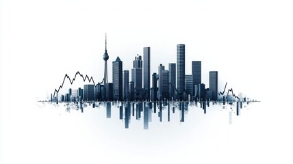Fototapeta premium A minimalist skyline featuring tall buildings and a line graph, symbolizing urban growth and economic trends.