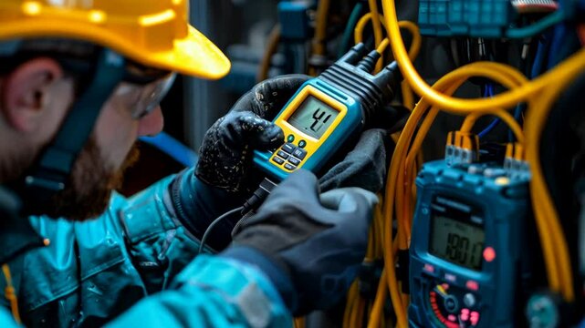 Technician using a voltmeter to test the output of solar panels, ensuring consistent energy production. VDO 4k ProRes
