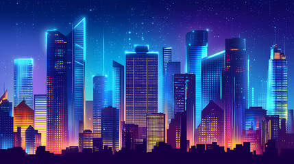 Futuristic metropolis with towering skyscrapers against a twilight sky, futuristic, metropolis, cityscape, blue glow. Twilight. Illustration